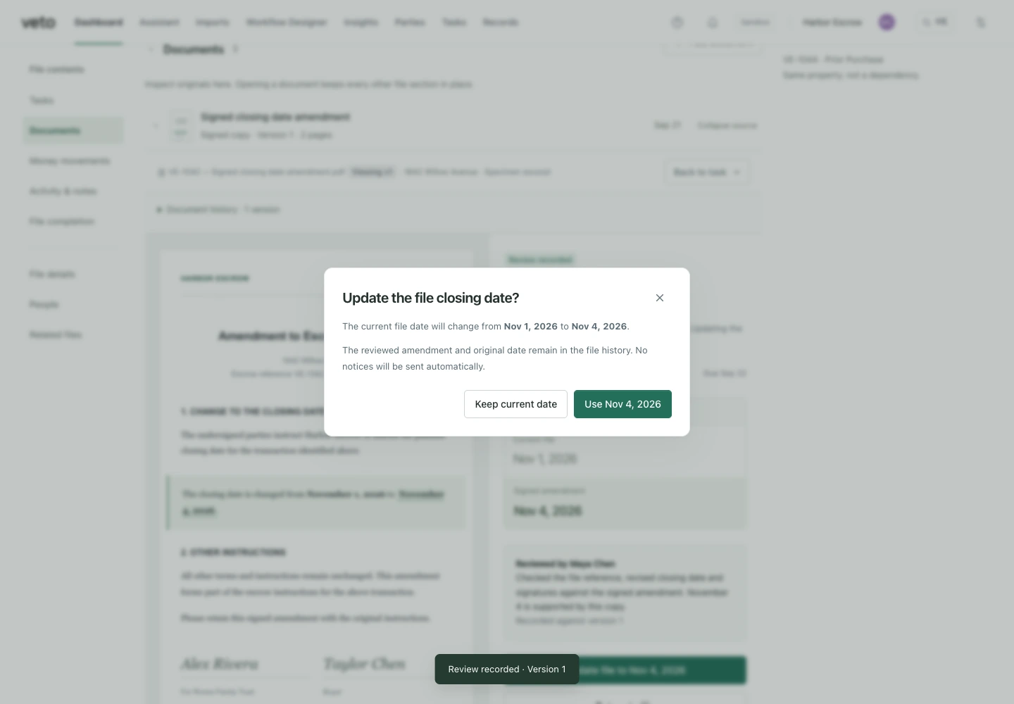 Veto Decide interface with a fictional escrow file