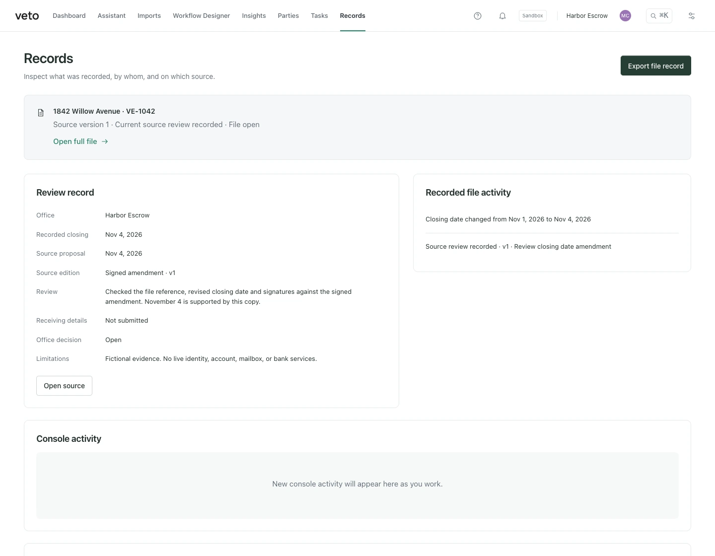 Veto Record interface with a fictional escrow file