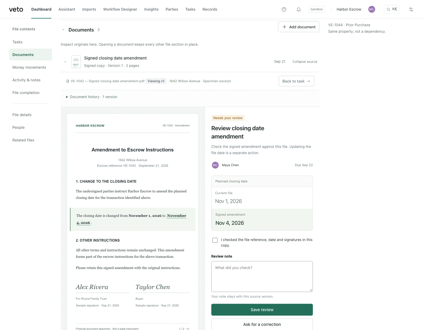 Veto Review interface with a fictional escrow file